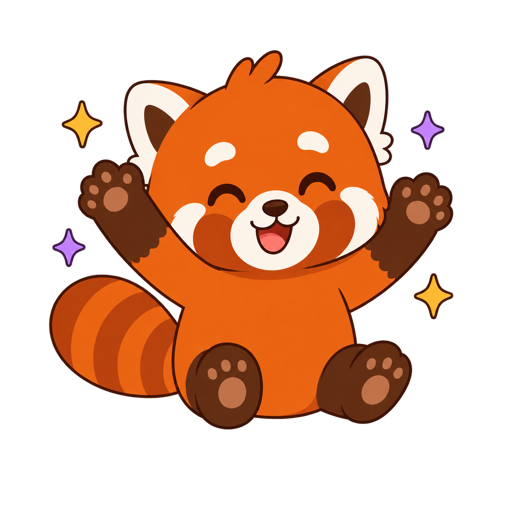 Yoo the red panda celebrating with raised paws