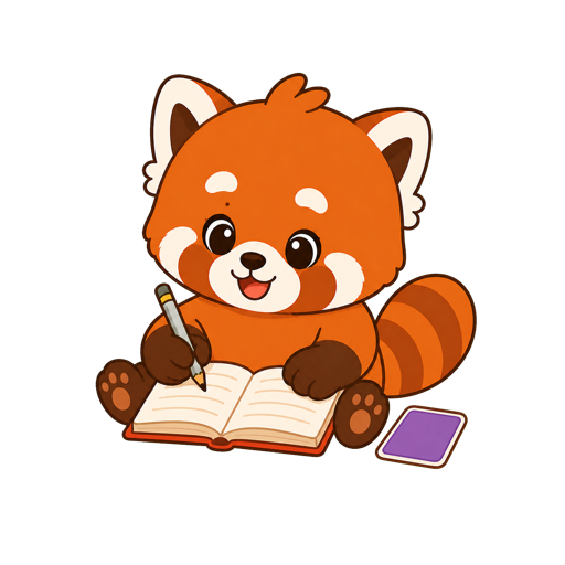Yoo the red panda studying with a pencil and notebook