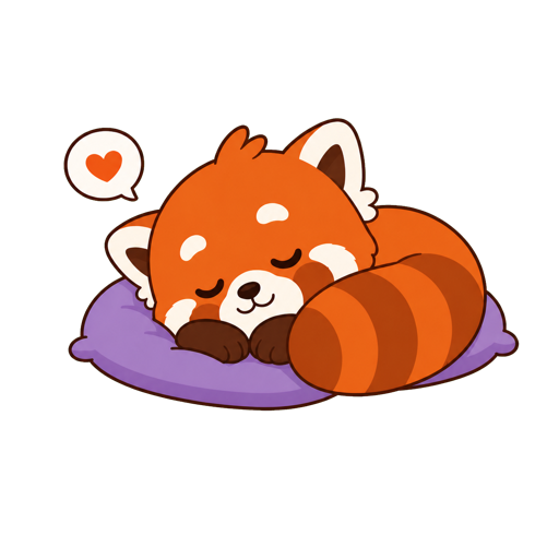 Yoo the red panda sleeping on a purple cushion