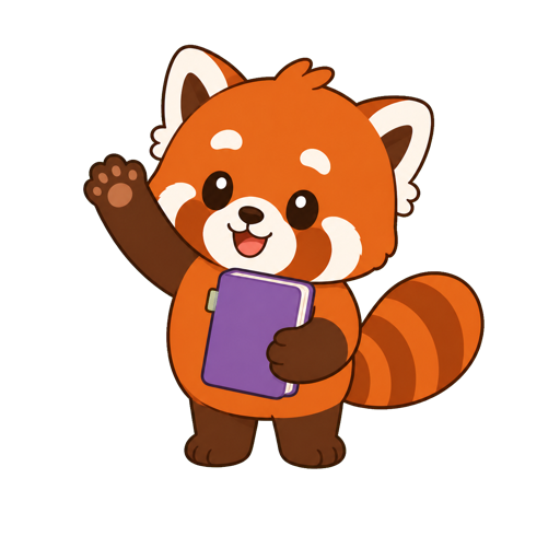 Yoo the red panda waving with a purple notebook